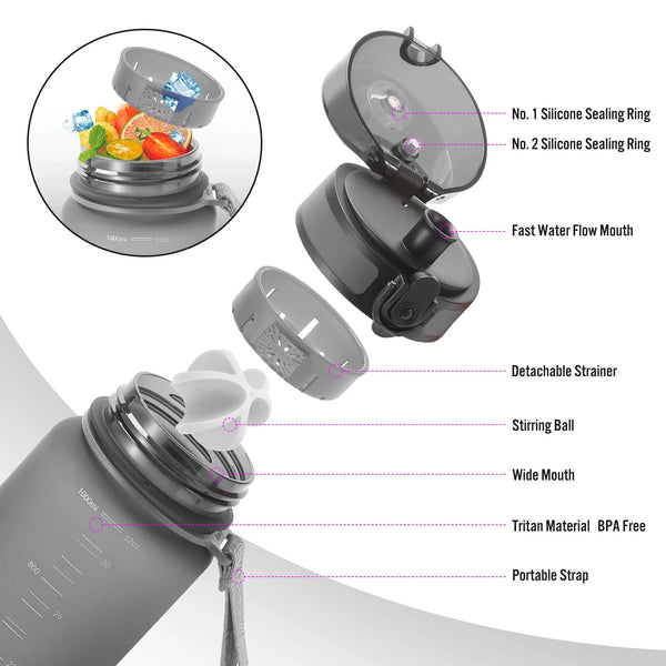 BPA-Free Sports Water Bottle with Filter and Protein Shaker Ball - 500/1000ml